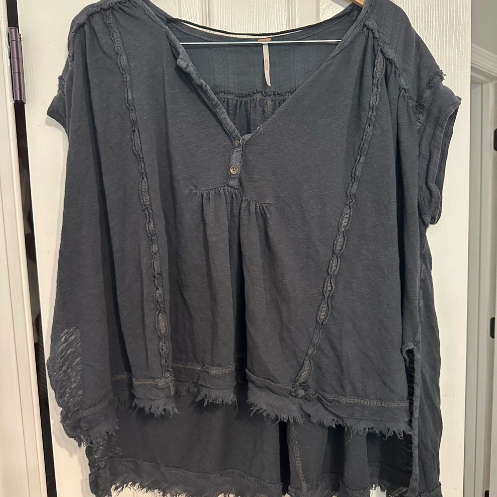 Free People Charcoal Frayed Hem Blouse